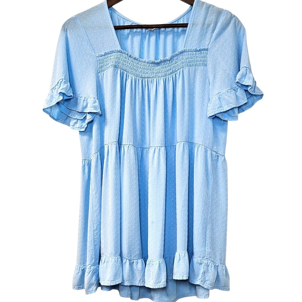 Jane and Delancey Blue Swiss Dot Ruffle Tunic Top Blouse Size M Coastal Boho‎